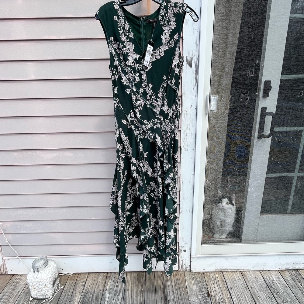 BCBGMaxAzria Dark Green Floral Asymmetrical Maxi Dress
